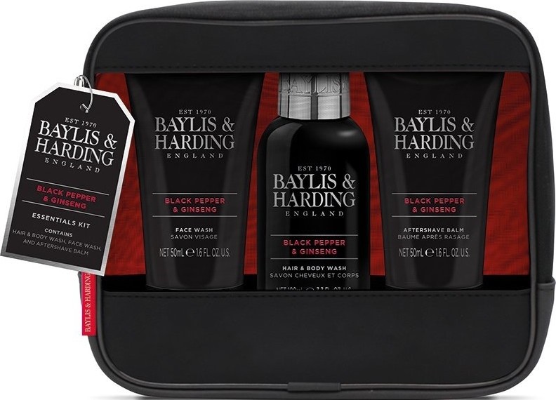 Baylis & Harding Men Černý pepř a Ženšen mycí gel na tělo a vlasy 100 ml + mycí gel na obličej 100 ml + balzám po holení 100 ml + omyvatelná dárková taška dárková sada