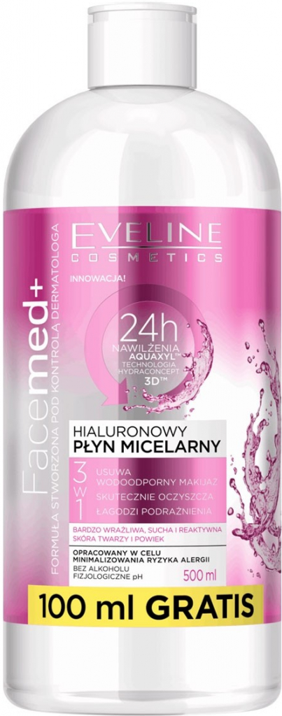 Eveline Cosmetics Face Med+ hyaluronová micelární voda 3 v 1 (Alcohol Free) 400 ml