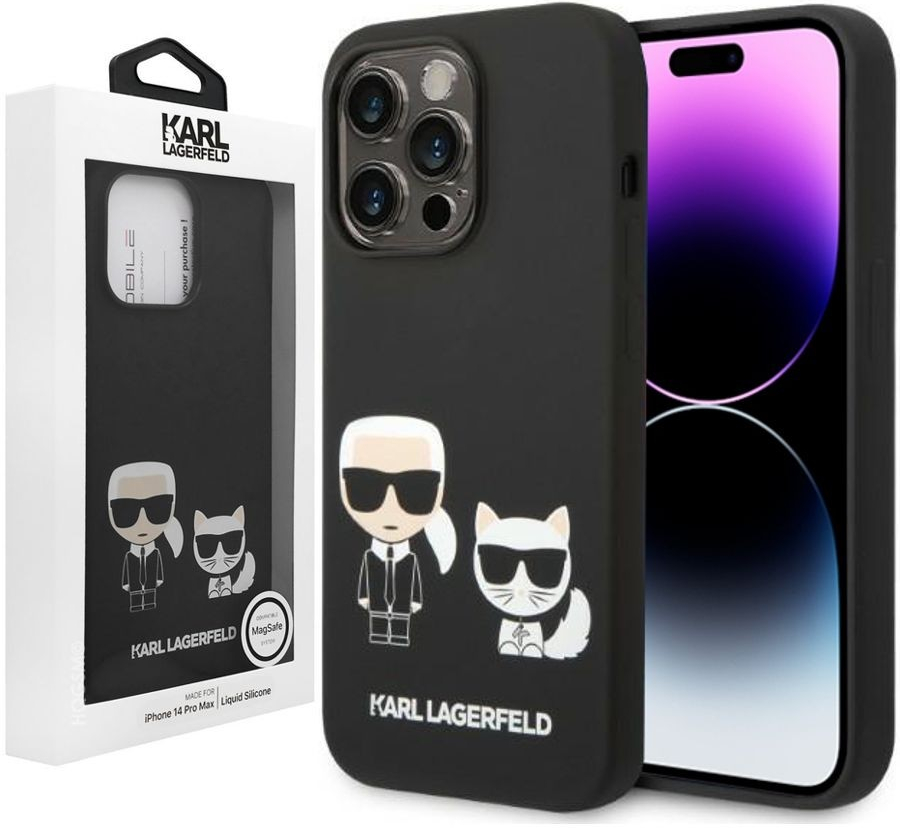 Pouzdro Karl Lagerfeld MagSafe Liquid Silicone Karl and Choupette iPhone 14 Pro Max černé