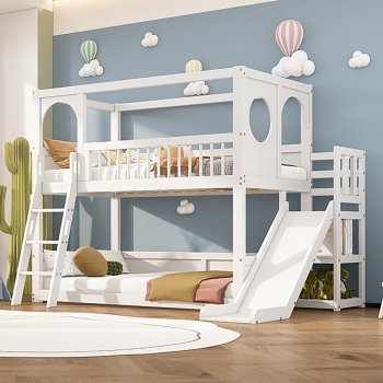 Flieks patrová postel 90x200cm se skluzavkou dětská postel s ochranou pČervenái vypadnutí a žebříkem podkrovní postel s roštovým rámem patrová postel dřevěná postel domácí postel 2 děti bílé
