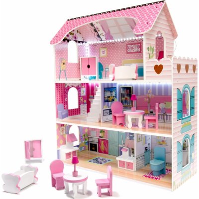 KIK Dřevěný domeček pro panenky Trikito 70 cm růžový + nábytek