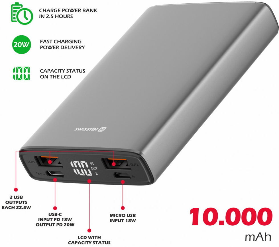 Swissten Aluminum 10000 mAh 20W Power Delivery šedá