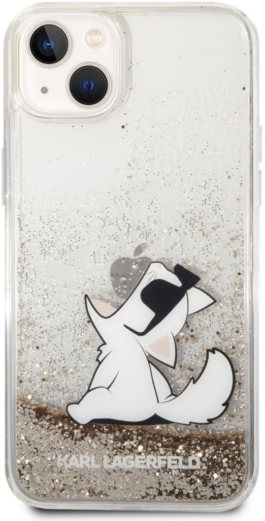 Pouzdro Karl Lagerfeld Liquid Glitter Choupette Eat Apple iPhone 14 Plus, zlatá