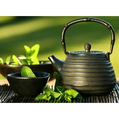 WEBLUX 5535303 Samolepka fólie Black iron asian teapot with sprigs of mint for tea Černá železná asijská čajová konvice s větvičkami na čaj rozměry 100 x 73 cm – Hledejceny.cz