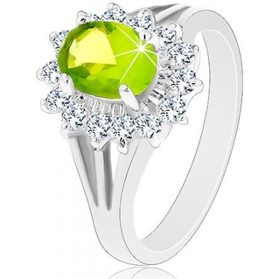 Šperky eshop Blýskavý prsten s rozdělenými rameny zirkonový ovál v zelené barvě V01.18 – Zboží Mobilmania