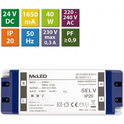 zdroj nápájecí pro LED pásky 24V DC 40W (1,65A) IP20 ML-732.071.11.1 plast. se svorkovnicí