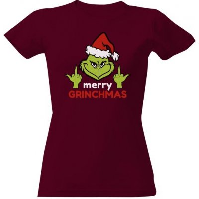 Tričko s potiskem Merry Cristmas GRINCH dámské Vínová – Zboží Dáma