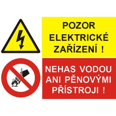 Pozor! Elektrické zařízení/Nehas vodou ani pěnovými přístroji | Samolepka, A4 – Zbozi.Blesk.cz