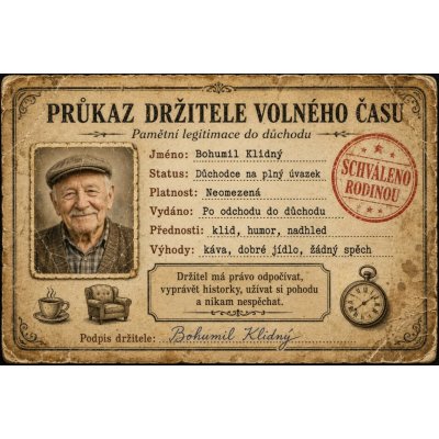 Bezvadary.cz | Retro průkaz držitele volného času s vlastní fotografiíA3 42x30cm rp19 – Hledejceny.cz