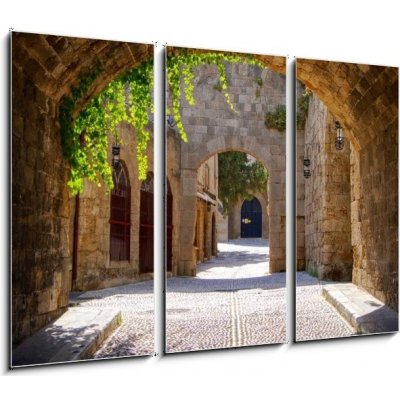 Obraz 3D třídílný - 105 x 70 cm - Medieval arched street in the old town of Rhodes, Greece Středověká oblouková ulice ve starém městě Rhodos v Řecku – Zboží Mobilmania