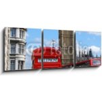 Obraz s hodinami 3D třídílný - 150 x 50 cm - Telephone box, Big Ben and double decker bus in London Telefonní schránka, Big Ben a dvoupatrový autobus v Londýně