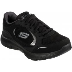 ! ! Skechers Flex Appeal 4.0 True Clarit Canvas Trainers Womens Black Lthr/Trm