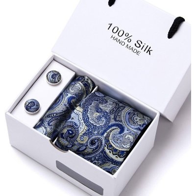 Luxusní Kravata Modrožlutá Bossy manžetové knoflíčky kapesníček modrá – Zboží Mobilmania