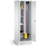 Denios Úklidová skříň Cabo, 4 vložné police, háčky, š 610, h 500, v 1800 mm, podstavec, šedá – Sleviste.cz