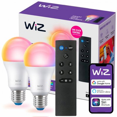 WiZ SET 2x LED žárovka E27 A60 8W 60W 806lm 2200-6500K RGB IP20, stmívatelná + ovladač – Hledejceny.cz