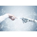 WEBLUX 201581385 Fototapeta plátno Human and robot hands reaching out Lidské a robotické ruce natahující ruku síť rozměry 174 x 120 cm