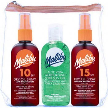 Malibu Sun Travel suchý olej na opalování SPF15 100 ml + suchý olej na opalování SPF10 100 ml + gel po opalování Aloe Vera 100 ml dárková sada