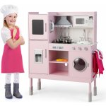 Costway Dřevěná kuchyňka na hraní pro batolata od 3 let s vařičem výrobníkem ledu telefonem 16 dílným příslušenstvím reálnými zvuky a světly růžová – Zboží Mobilmania