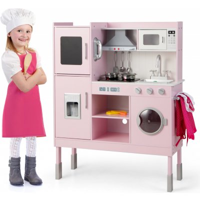 Costway Dřevěná kuchyňka na hraní pro batolata od 3 let s vařičem výrobníkem ledu telefonem 16 dílným příslušenstvím reálnými zvuky a světly růžová – Hledejceny.cz