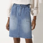 Rozšířená džínová sukně s pružným pasem sepraná modrá – Sleviste.cz