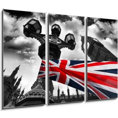Obraz 3D třídílný - 105 x 70 cm - Big Ben with colorful flag of England, London, UK Big Ben s barevné vlajky Anglie, Londýn, Velká Británie