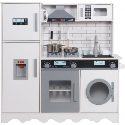 Aga4Kids Dětská dřevěná kuchyňka Hedwig XXL s digestoří pračkou a realistickými efekty Bílošedá – Zboží Mobilmania