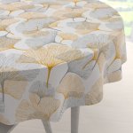 Biante bavlna kulatý ubrus Sandra SA-745 Šedo-hořčicové ginkgo listy na bílém Ø 100 cm – Sleviste.cz