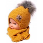Baby Nellys Zimní čepička s šálou chlupáčková bambulka hořčicová – Zboží Mobilmania