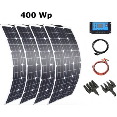 Solární set, 4x flexibilní solární panel 100Wp (celkem 400Wp), PWM Regulátor 30A, kabel pro připojení solárních panelů, kabel pro připojení k baterii 12 nebo 24V (Solární panel 100Wp, solární reguláto