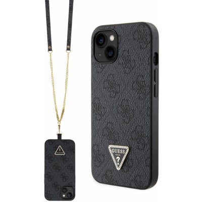 Pouzdro Guess PU 4G Strass Triangle Metal Logo + Crossbody Popruh iPhone 15 černé – Zbozi.Blesk.cz