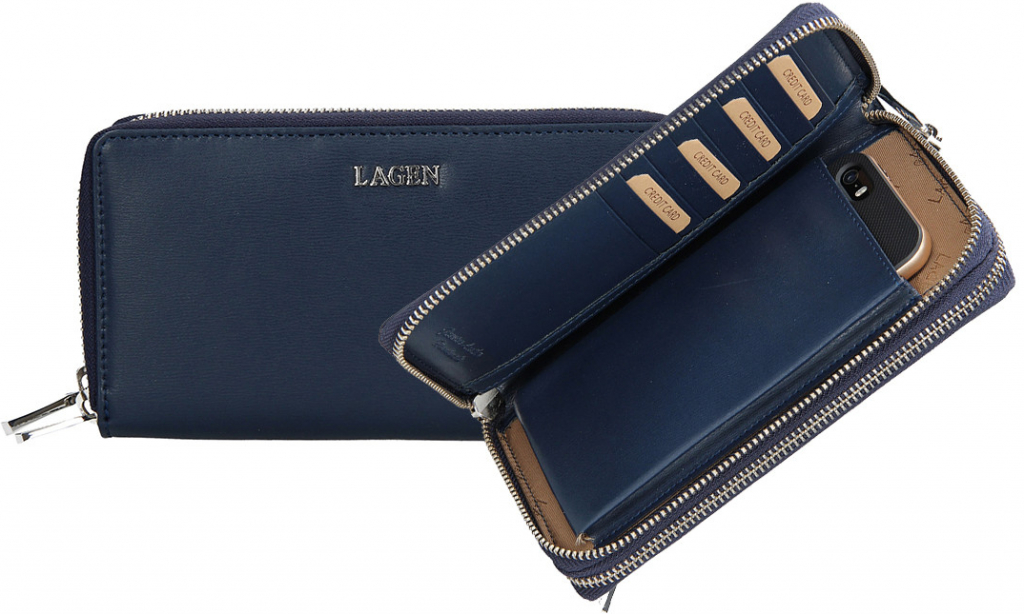 Lagen Dámská velká kožená peněženka s kapsou na mobil 50386 tmavě modrá