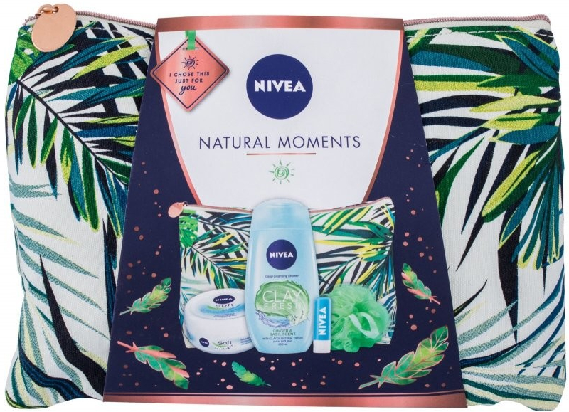 Nivea Natural Moments sprchový gel 250 ml + krém 200 ml + balzám 4,8 g + houba + toaletní taška dárková sada