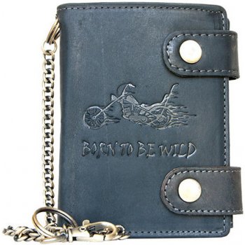 Kožená tmavě šedá peněženka Born to be wild s motorkou se dvěma upínkami a 30 cm dlouhým kovovým řetězem RFID FLW