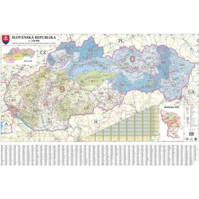 Excart Maps Slovensko - nástěnná mapa PSČ 135 x 90 cm Varianta: bez rámu v tubusu, Provedení: laminovaná mapa v lištách – Zboží Dáma