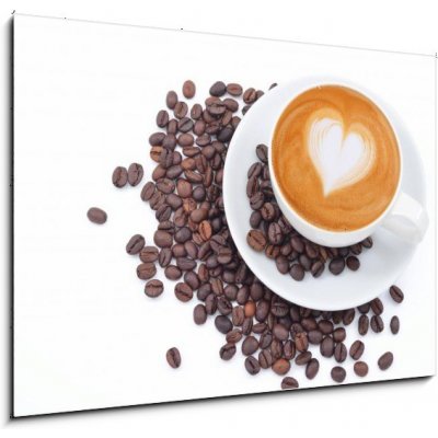 Obraz 1D - 100 x 70 cm - A cup of cafe latte and coffee beans on white Šálek kávy latte a kávových bobů na bílém