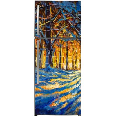 WEBLUX 306486660 Samolepka na lednici fólie Oil painting with acrylic watercolor. Winter forest. Sunny winter forest wood landscape illustration artwork nature. Olejoma rozměry 80 x 200 cm – Hledejceny.cz