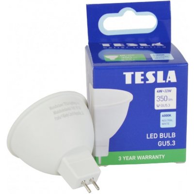 Tesla LED žárovka GU5,3 MR16, 4W, 12V, 350lm, 25 000h, 4000K denní bílá, 100st
