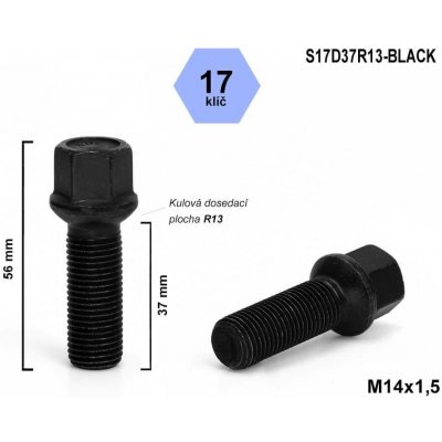 Kolový šroub M14x1,5x37 koule R13, klíč 17, S17D37R13-BLACK, černý, výška 56 – Hledejceny.cz