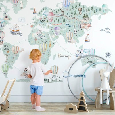 INSPIO 9189f Samolepka na zeď - Dětská cestovatelská mapa, velikost 90 x 130/130 cm – Zboží Mobilmania