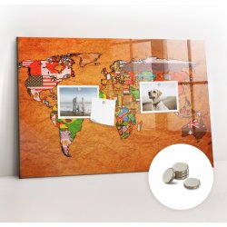 tulup Magnetická Tabule na Zeď Skleněná - Memo Board Kleněnou Přední Stranou - 5 magnetů v balení - 60 x 40 cm - Mapa světa s vlajkami