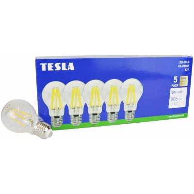 Tesla LED žárovka FILAMENT BULB, E27, 7.2W, 230V, 806m, 25 000h, 2700K teplá bílá, 360st,čirá 5ks – Hledejceny.cz