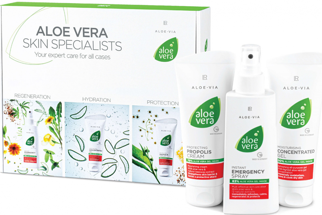 LR health & beauty Aloe Vera Aloe Vera Gelový koncentrát 100 ml + Aloe Vera Ošetřující krém s propolisem 100 ml + Aloe Vera Sprej první pomoci 150 ml dárková sada