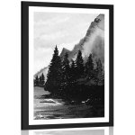 Plakát s paspartou zimní kreslená krajina v černobílém provedení - 30x45 black – Hledejceny.cz