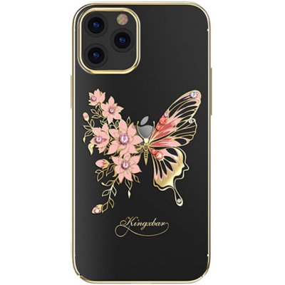 Pouzdro KINGXBAR Apple iPhone 12 / 12 Pro - s kamínky - plastové - motéli a květiny - zlaté / růžové