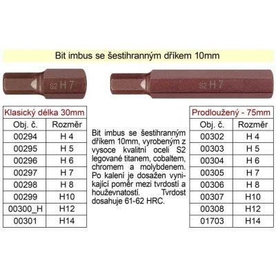 Bit imbus H 5 se šestihranným dříkem 10 mm délka 75 mm 100-00303