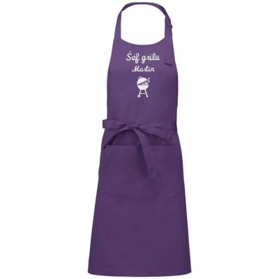 Zelenáčky Kuchyňská zástěra Šéf grilu s výšivkou jména na přání fialová Bez výšivky na přání – Zboží Dáma