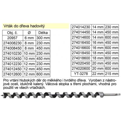 Yato Vrták do dřeva hadovitý samostatný 22x215mm – Zboží Mobilmania