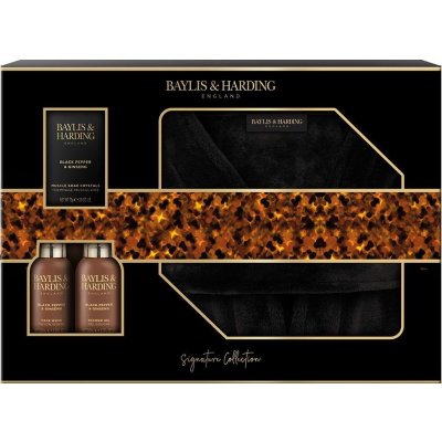 Baylis & Harding Men Černý pepř a Ženšen mycí gel na tělo a vlasy 100 ml + čistící gel na obličej 100 ml + sůl do koupele 75 g + luxusní župan