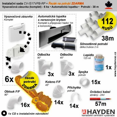 Cenově zvýhodněný instalační balíček potrubních rozvodů centrálního vysávání obsahuje: Zásuvka (6 ks), podlahová štěrbina (1 ks) řezák potrubí, potrubí (38 m), potrubní díly (110 ks), instalační návod – Zboží Mobilmania