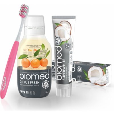 Biomed Superwhite zubní pasta 100 g + Citrus Fresh ústní voda 250 ml + kartáček dárková sada – Zboží Mobilmania